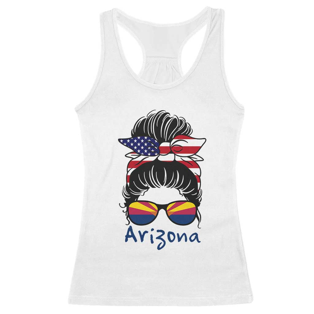 Patriotic Arizona Messy Bun Girl Graphic Racerback Tank Top American Flag Sunglasses Southwest State Pride Souvenir TS02 White Print Your Wear