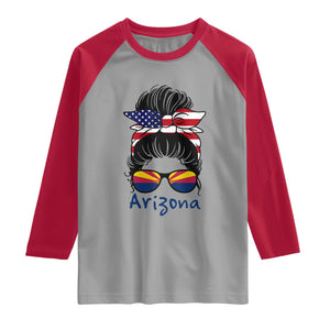 Patriotic Arizona Messy Bun Girl Graphic Raglan Shirt American Flag Sunglasses Southwest State Pride Souvenir