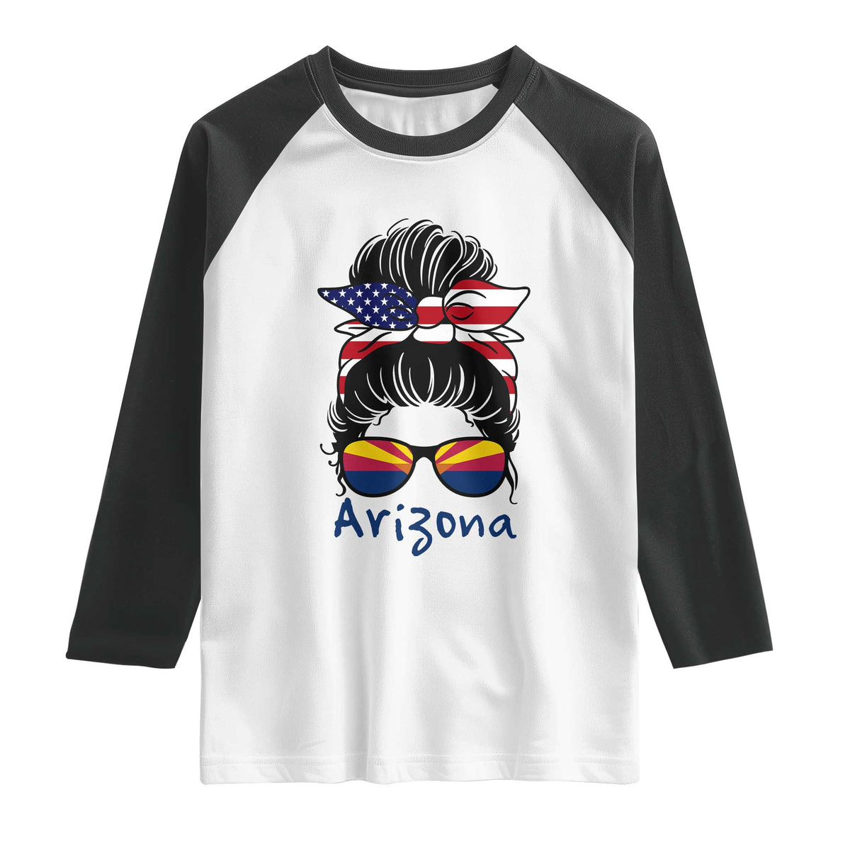 Patriotic Arizona Messy Bun Girl Graphic Raglan Shirt American Flag Sunglasses Southwest State Pride Souvenir