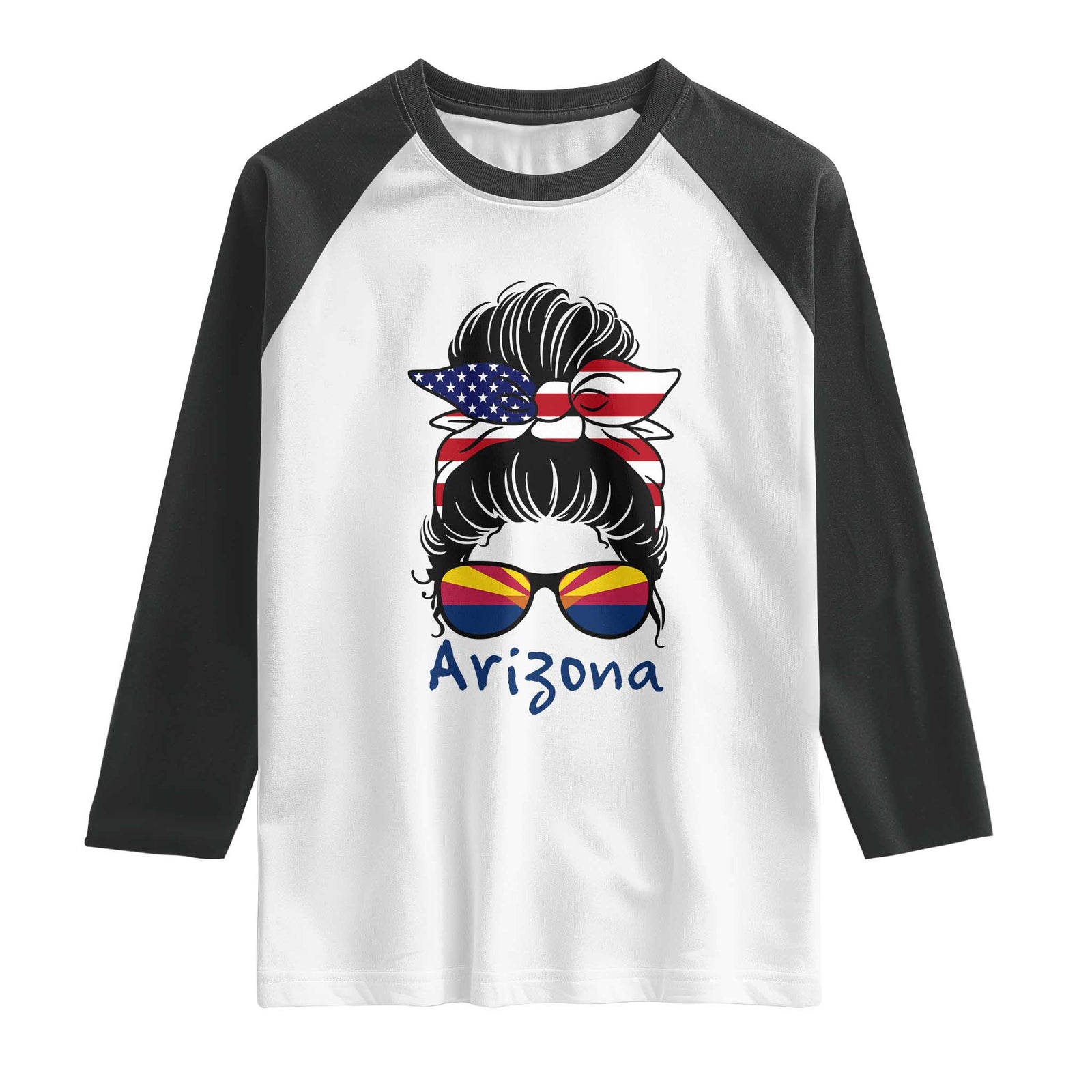 Patriotic Arizona Messy Bun Girl Graphic Raglan Shirt American Flag Sunglasses Southwest State Pride Souvenir TS02 White Black Print Your Wear