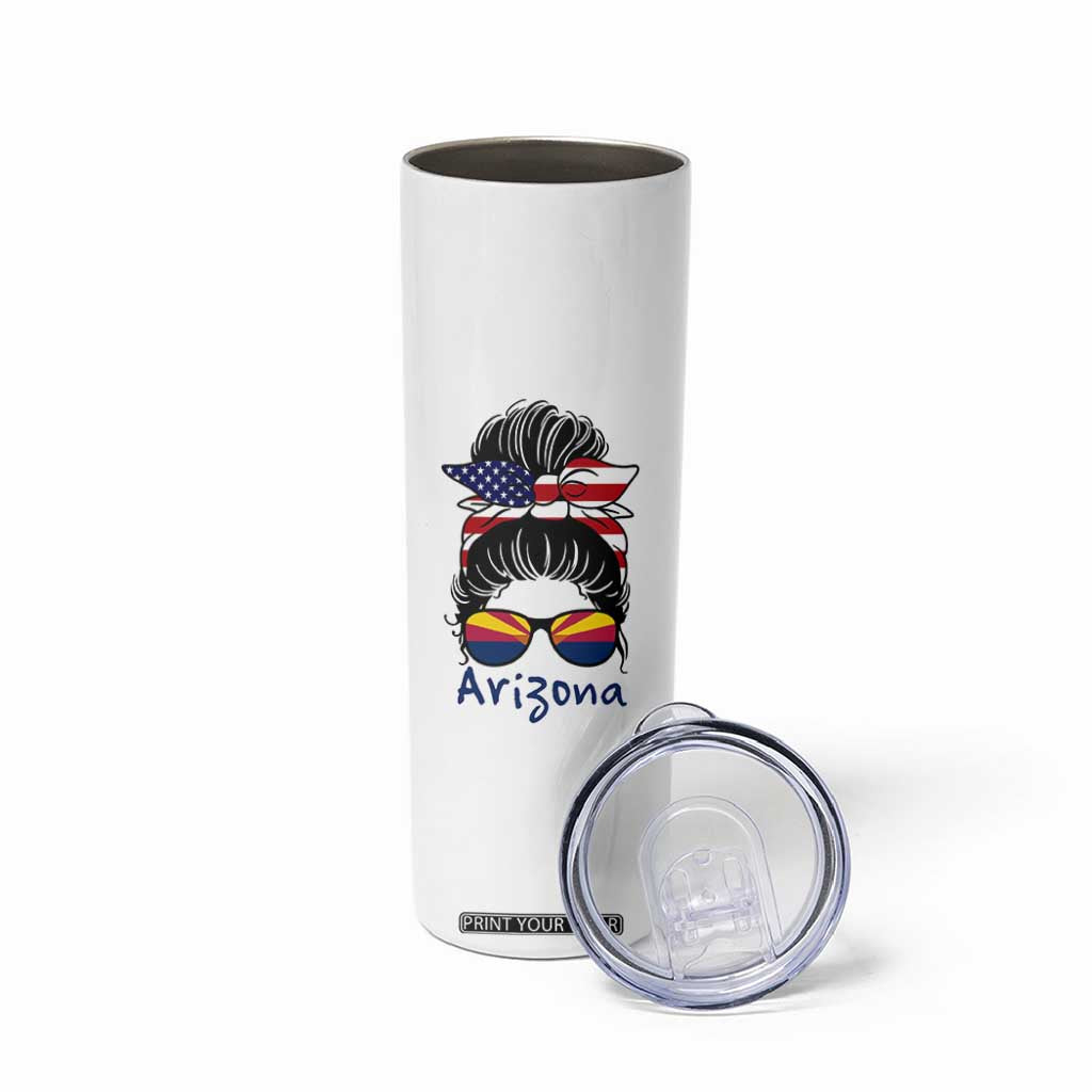 Patriotic Arizona Messy Bun Girl Graphic Skinny Tumbler American Flag Sunglasses Southwest State Pride Souvenir