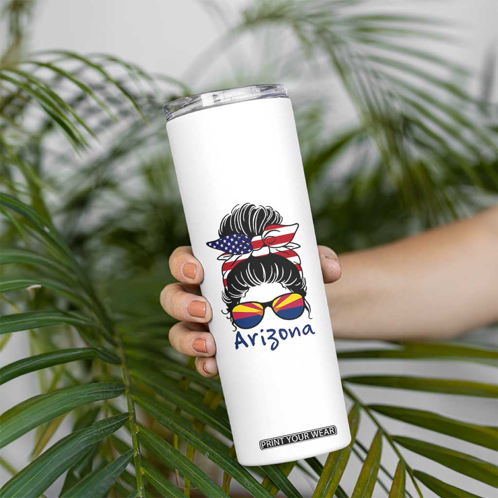 Patriotic Arizona Messy Bun Girl Graphic Skinny Tumbler American Flag Sunglasses Southwest State Pride Souvenir