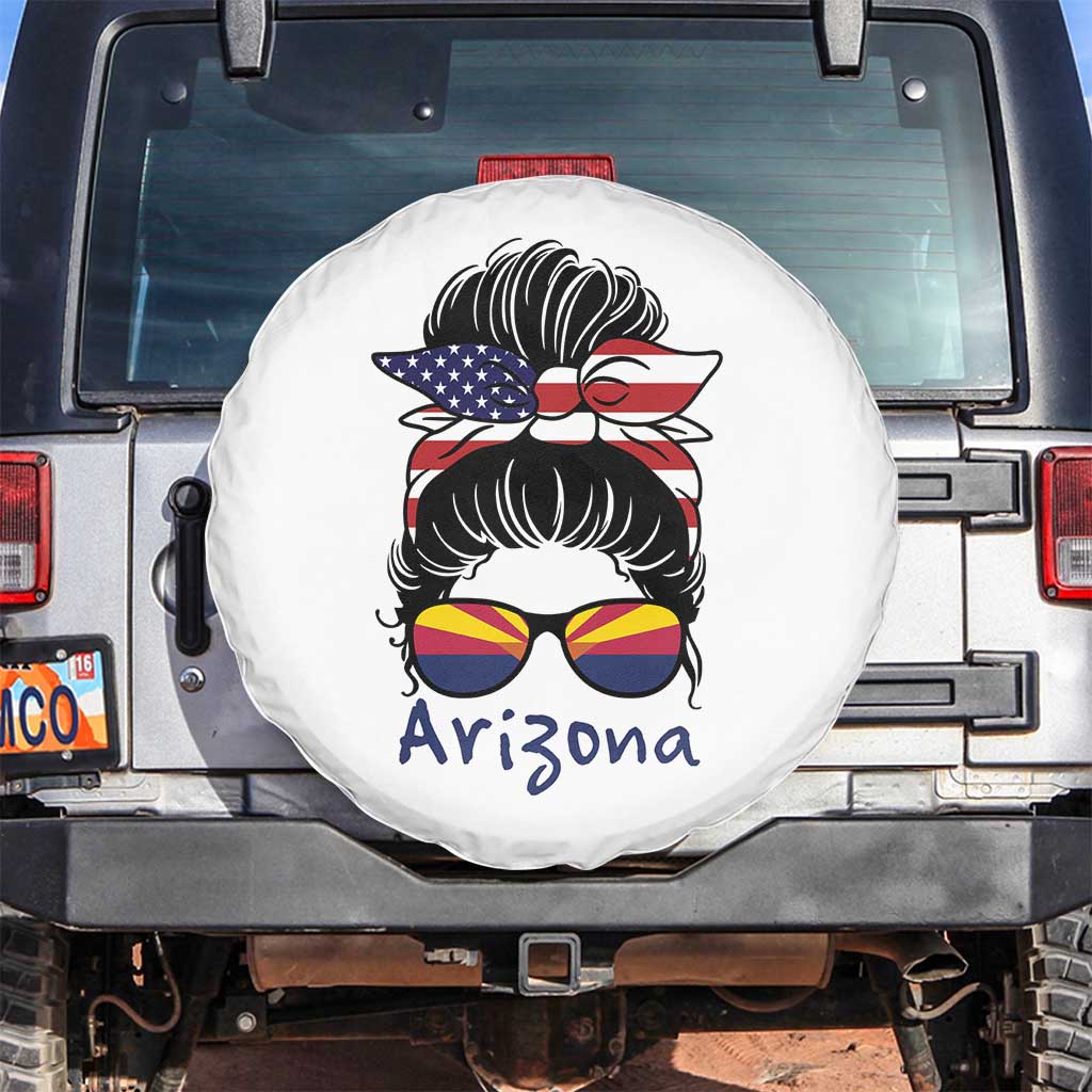 Patriotic Arizona Messy Bun Girl Graphic Spare Tire Cover American Flag Sunglasses Southwest State Pride Souvenir TS02 No hole White Print Your Wear