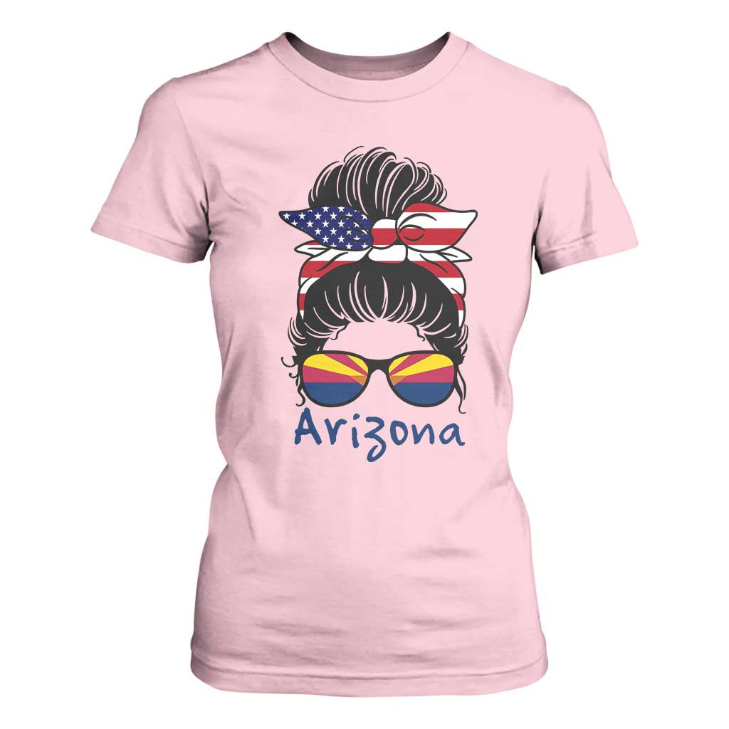 Patriotic Arizona Messy Bun Girl Graphic T Shirt For Women American Flag Sunglasses Southwest State Pride Souvenir