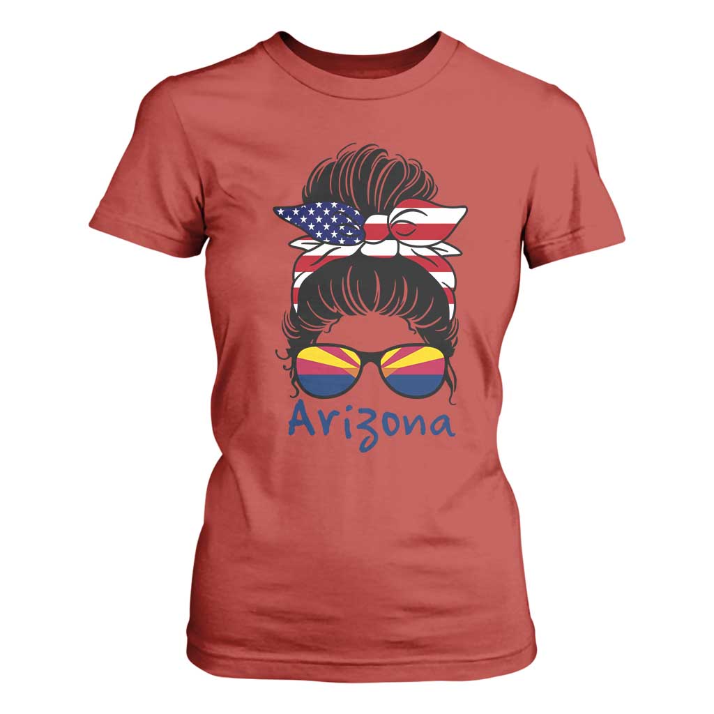 Patriotic Arizona Messy Bun Girl Graphic T Shirt For Women American Flag Sunglasses Southwest State Pride Souvenir