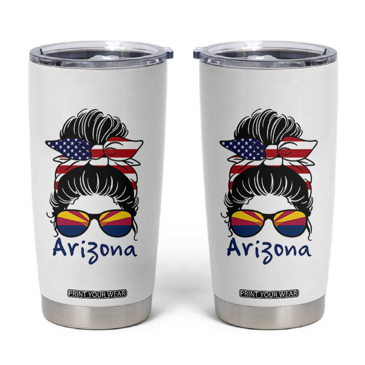 Patriotic Arizona Messy Bun Girl Graphic Tumbler Cup American Flag Sunglasses Southwest State Pride Souvenir