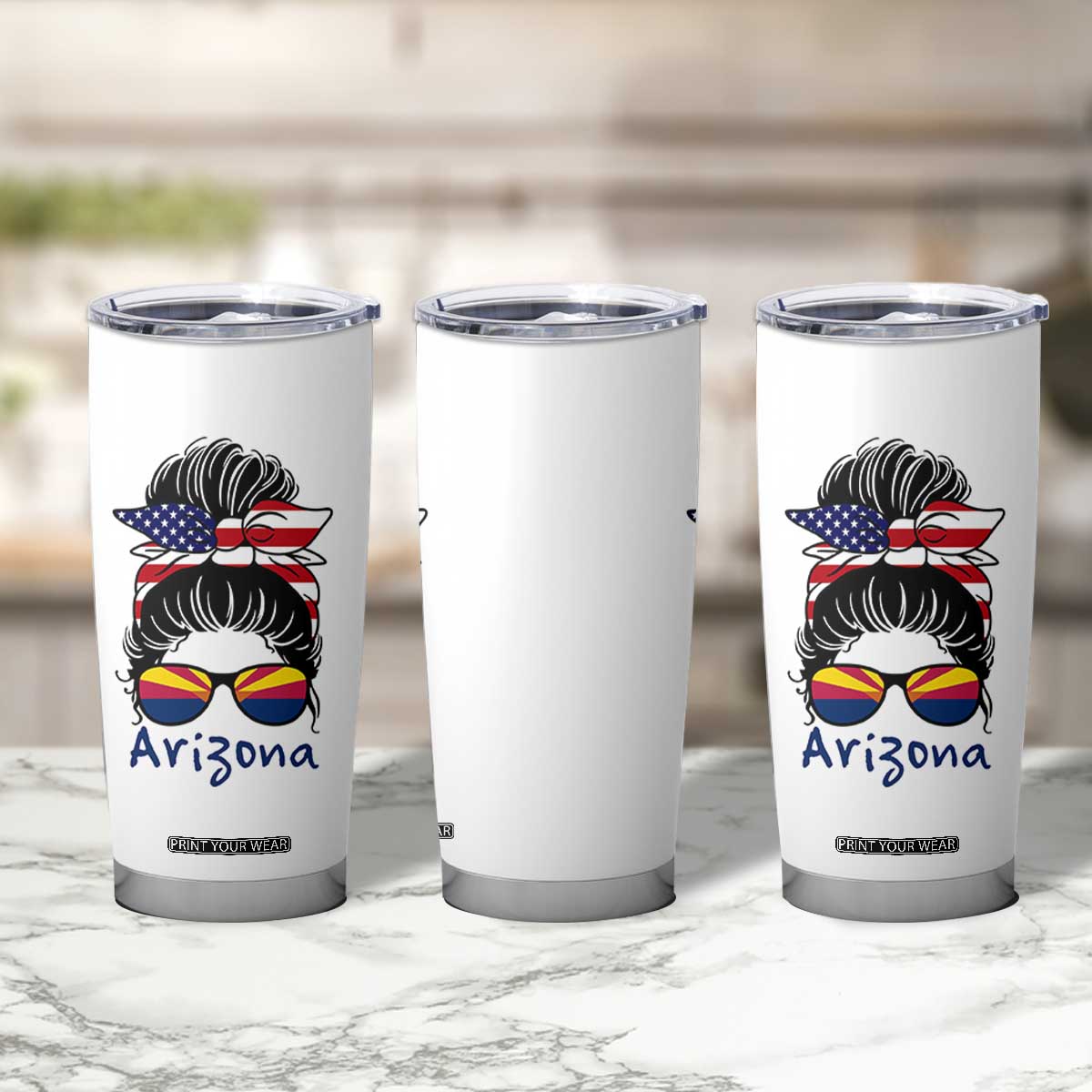 Patriotic Arizona Messy Bun Girl Graphic Tumbler Cup American Flag Sunglasses Southwest State Pride Souvenir