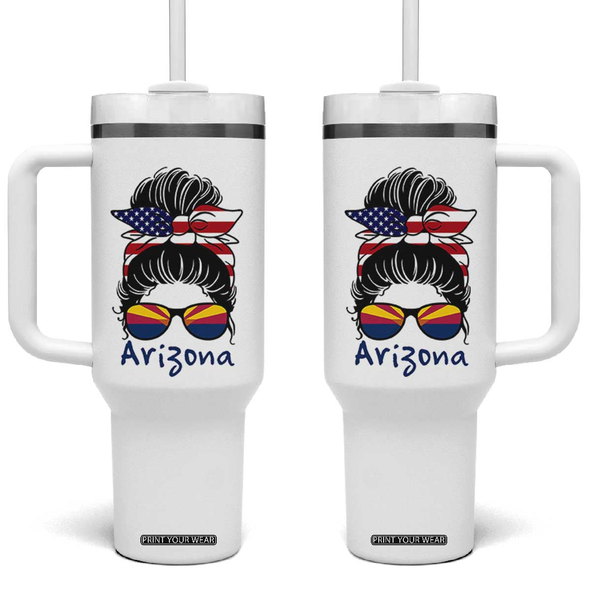 Patriotic Arizona Messy Bun Girl Graphic Tumbler With Handle American Flag Sunglasses Southwest State Pride Souvenir