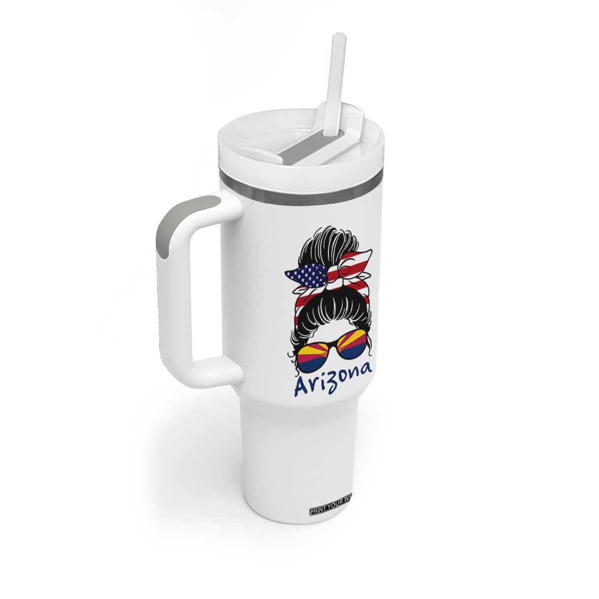 Patriotic Arizona Messy Bun Girl Graphic Tumbler With Handle American Flag Sunglasses Southwest State Pride Souvenir