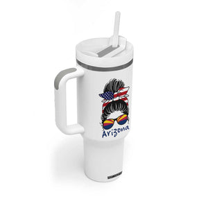 Patriotic Arizona Messy Bun Girl Graphic Tumbler With Handle American Flag Sunglasses Southwest State Pride Souvenir