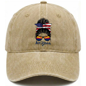 Patriotic Arizona Messy Bun Girl Graphic Washed Cotton Baseball Cap American Flag Sunglasses Southwest State Pride Souvenir