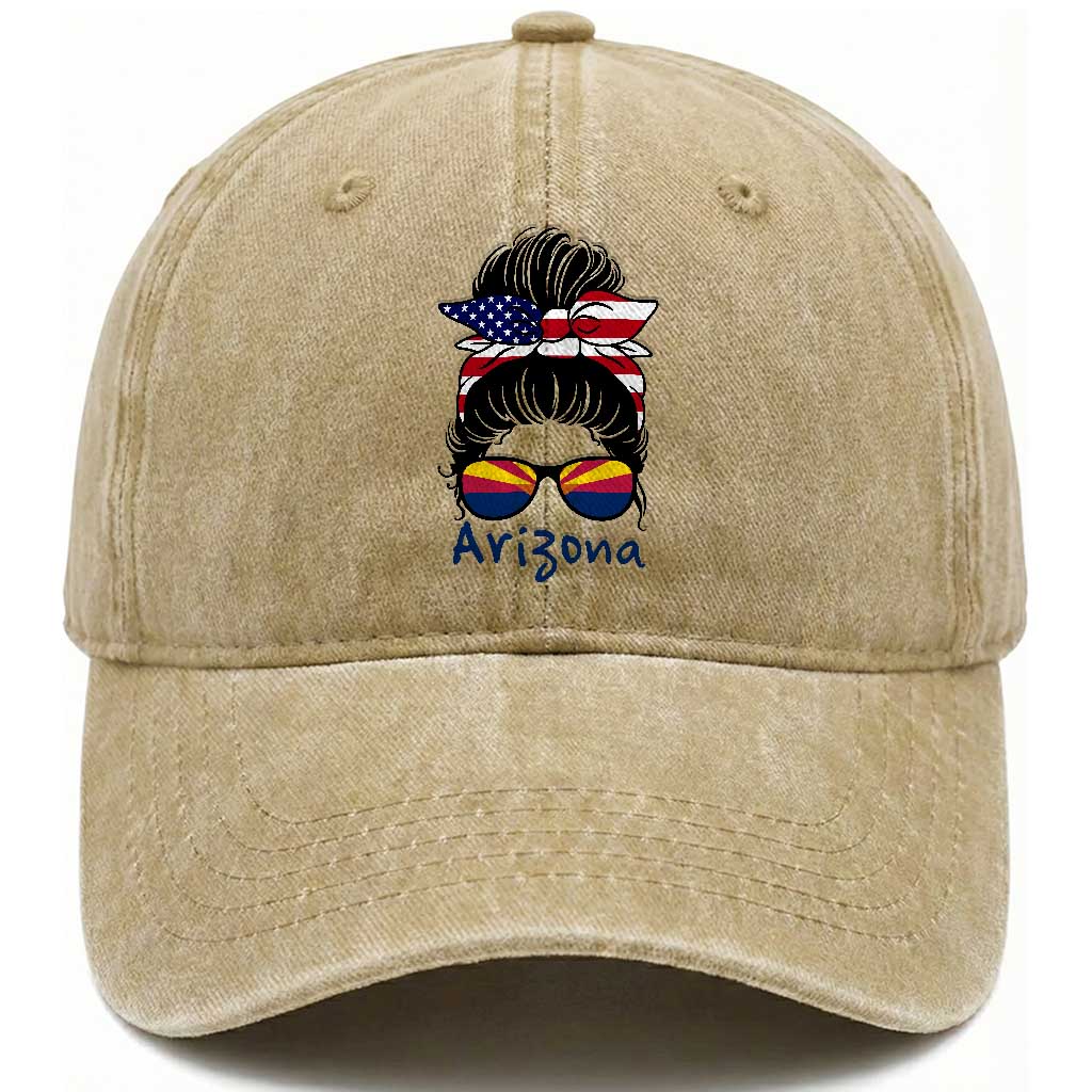 Patriotic Arizona Messy Bun Girl Graphic Washed Cotton Baseball Cap American Flag Sunglasses Southwest State Pride Souvenir TS02 Print Your Wear