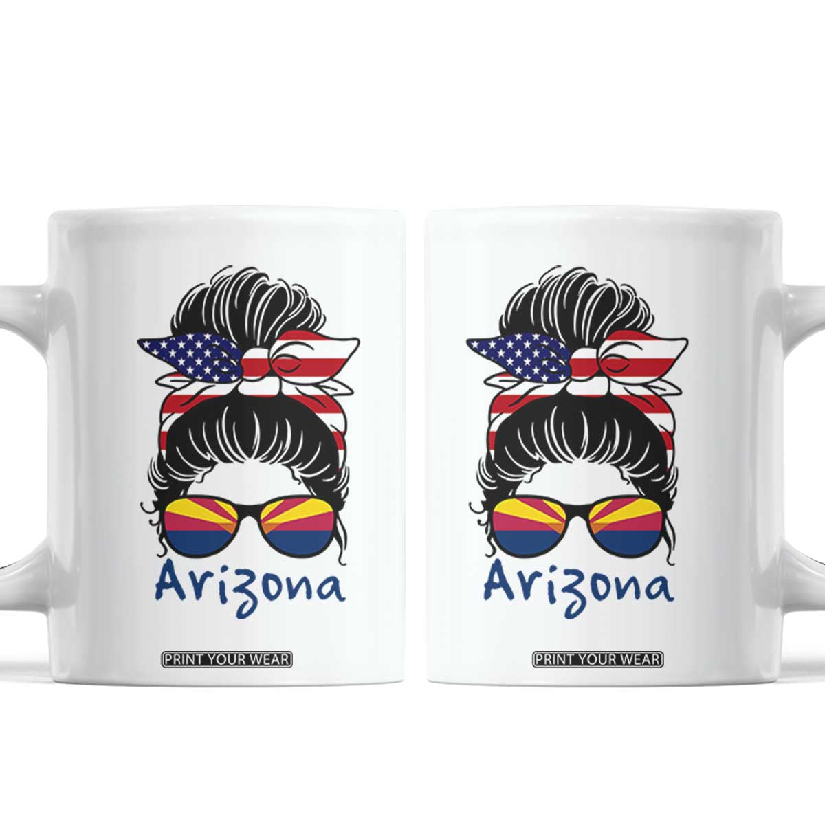 Patriotic Arizona Messy Bun Girl Graphic Coffee Mug American Flag Sunglasses Southwest State Pride Souvenir TS02 White Print Your Wear