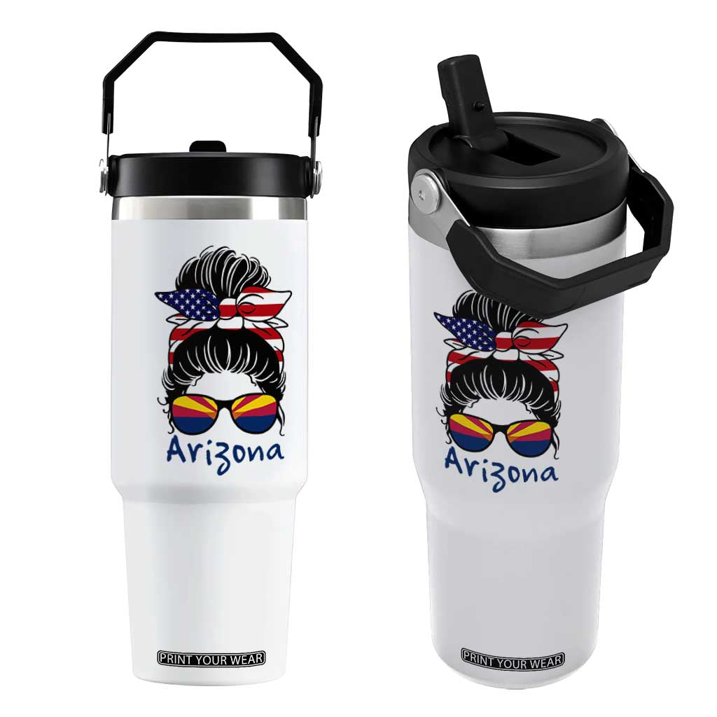 Patriotic Arizona Messy Bun Girl Graphic Flip Straw Tumbler American Flag Sunglasses Southwest State Pride Souvenir TS02 One Size: 30 oz White Print Your Wear
