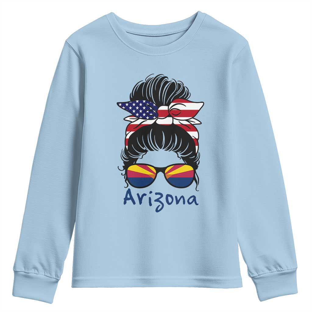 Patriotic Arizona Messy Bun Girl Graphic Youth Sweatshirt American Flag Sunglasses Southwest State Pride Souvenir