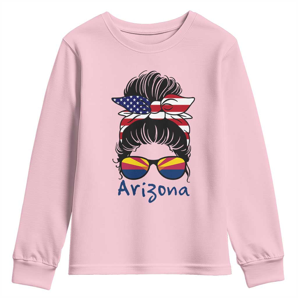 Patriotic Arizona Messy Bun Girl Graphic Youth Sweatshirt American Flag Sunglasses Southwest State Pride Souvenir
