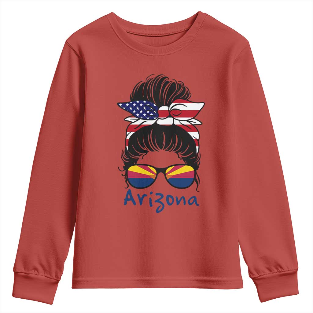 Patriotic Arizona Messy Bun Girl Graphic Youth Sweatshirt American Flag Sunglasses Southwest State Pride Souvenir