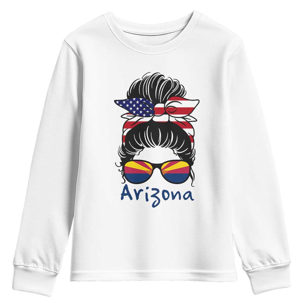 Patriotic Arizona Messy Bun Girl Graphic Youth Sweatshirt American Flag Sunglasses Southwest State Pride Souvenir TS02 White Print Your Wear