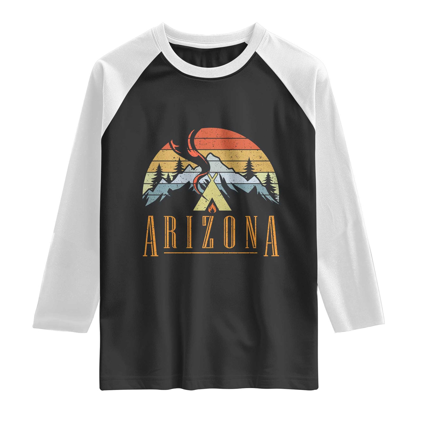 Vintage Arizona Camping Mountain Graphic Raglan Shirt Retro Sunset Wilderness Outdoor Adventure Souvenir TS02 Black White Print Your Wear