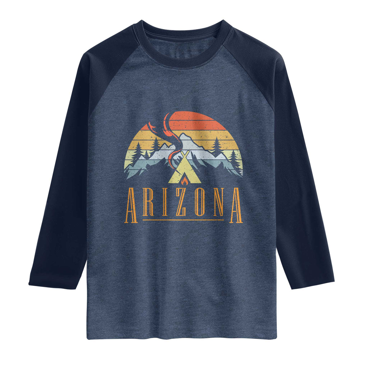 Vintage Arizona Camping Mountain Graphic Raglan Shirt Retro Sunset Wilderness Outdoor Adventure Souvenir