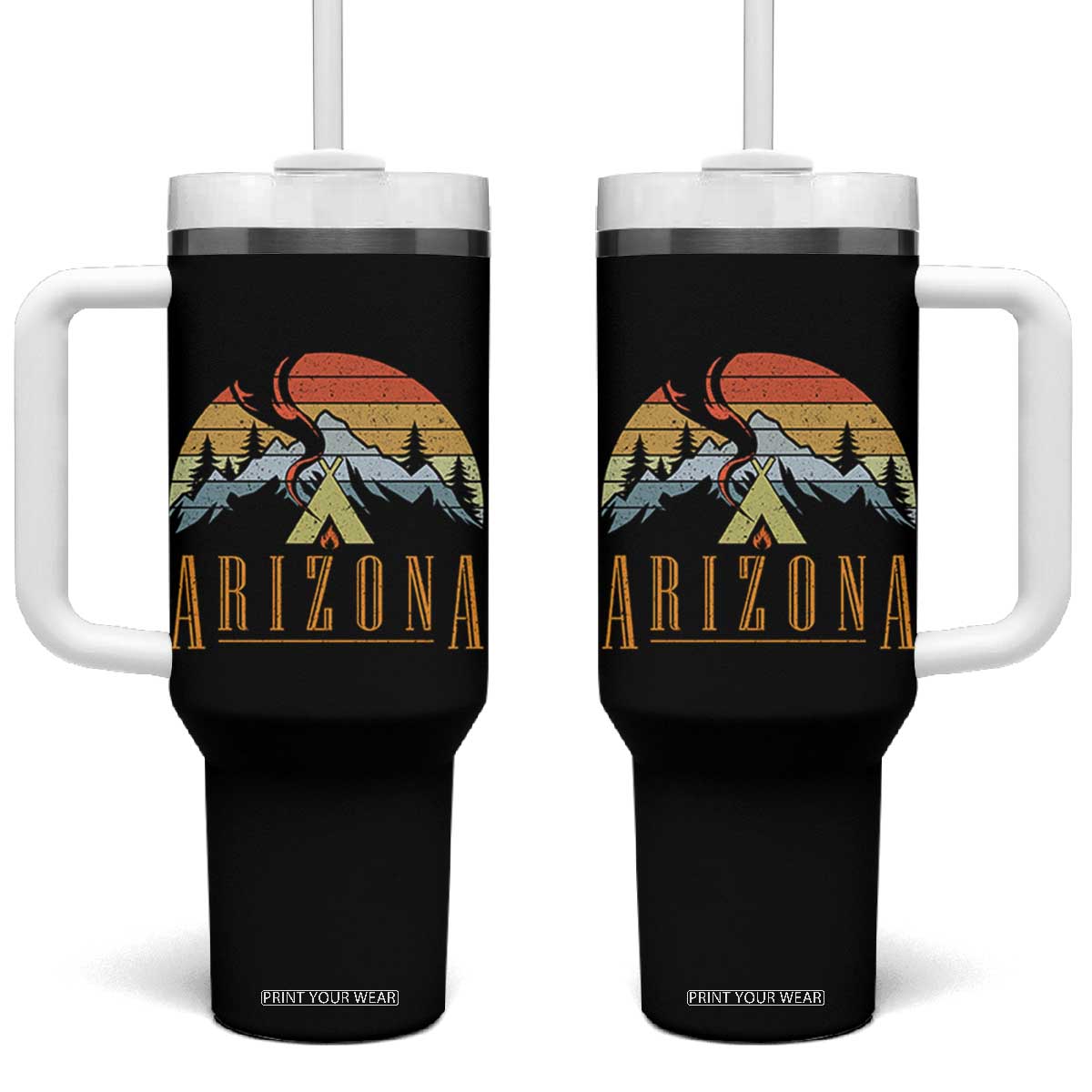 Vintage Arizona Camping Mountain Graphic Tumbler With Handle Retro Sunset Wilderness Outdoor Adventure Souvenir TS02 One Size: 40 oz Black Print Your Wear