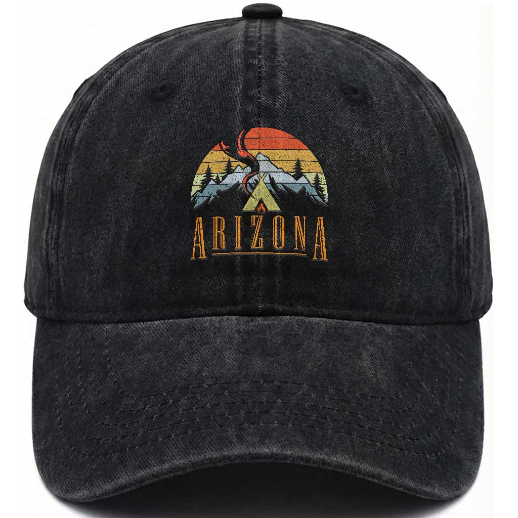 Vintage Arizona Camping Mountain Graphic Washed Cotton Baseball Cap Retro Sunset Wilderness Outdoor Adventure Souvenir TS02 Print Your Wear