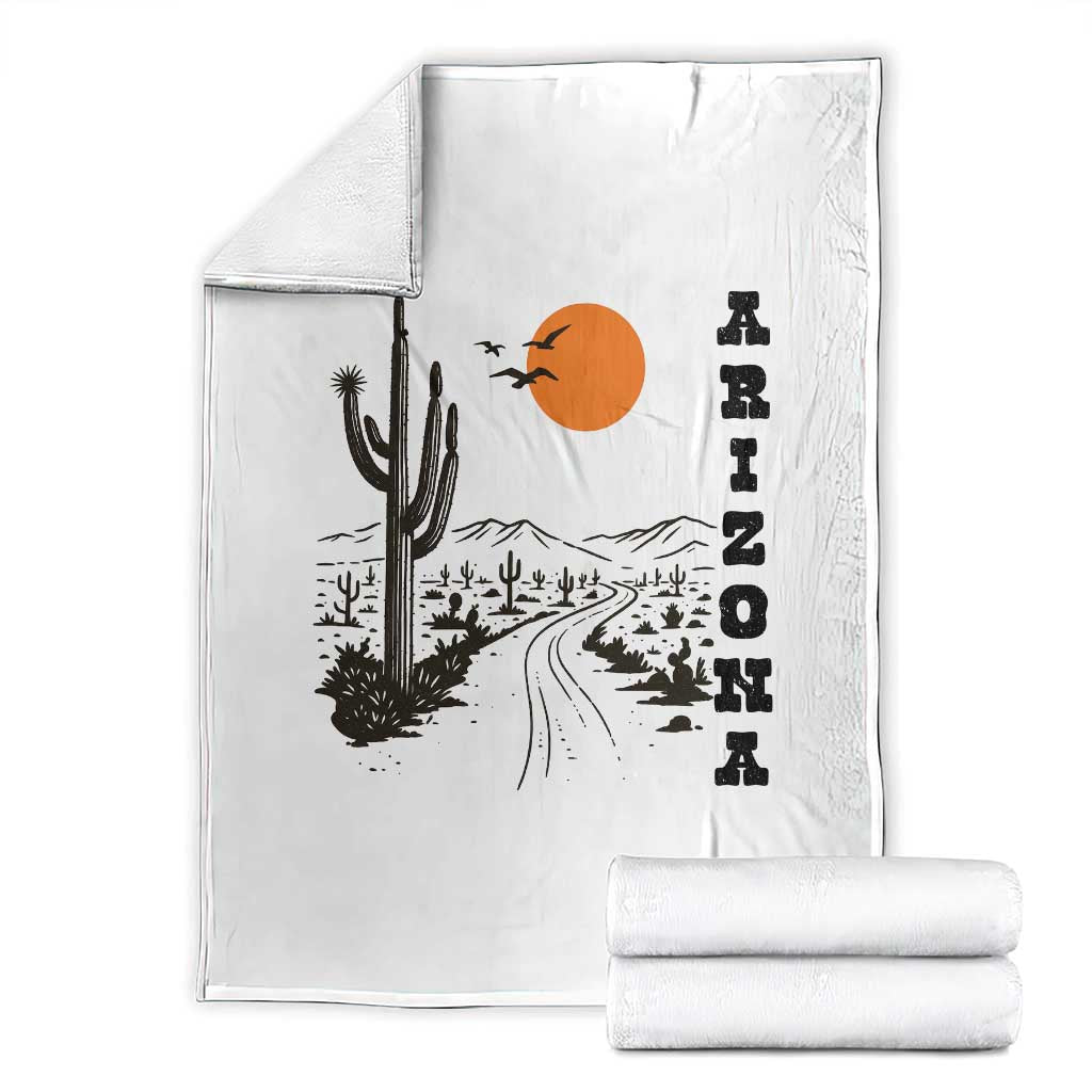 Retro Arizona Desert Road Sunset Graphic Throw Blanket Vintage Southwest Saguaro Cactus Travel Souvenir TS02 White Print Your Wear