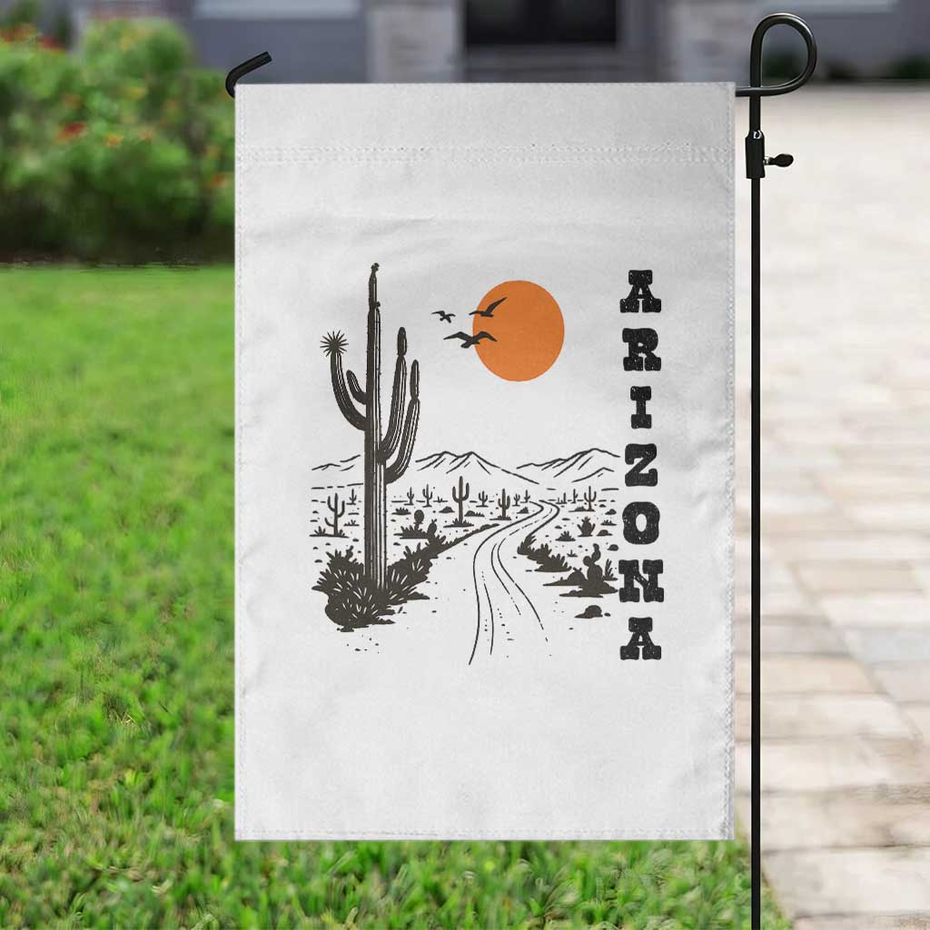 Retro Arizona Desert Road Sunset Graphic Garden Flag Vintage Southwest Saguaro Cactus Travel Souvenir