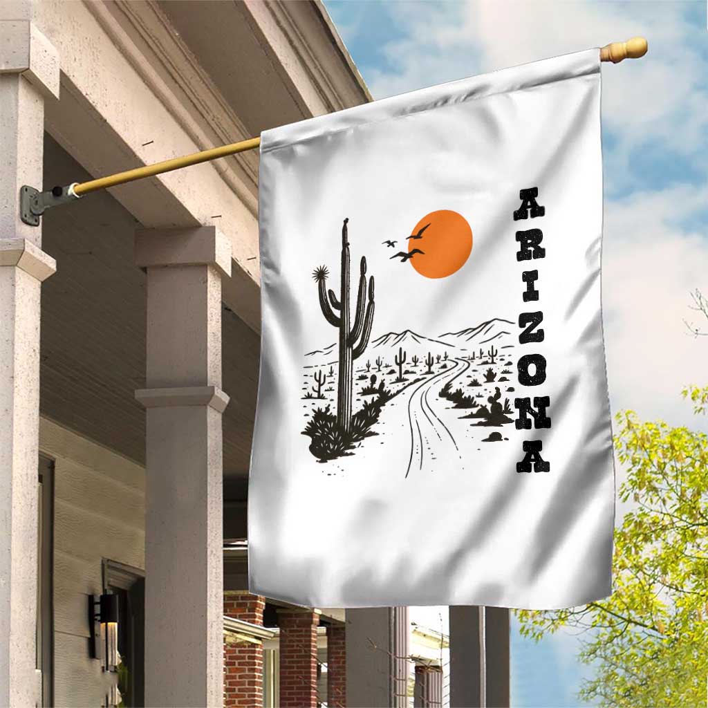 Retro Arizona Desert Road Sunset Graphic Garden Flag Vintage Southwest Saguaro Cactus Travel Souvenir