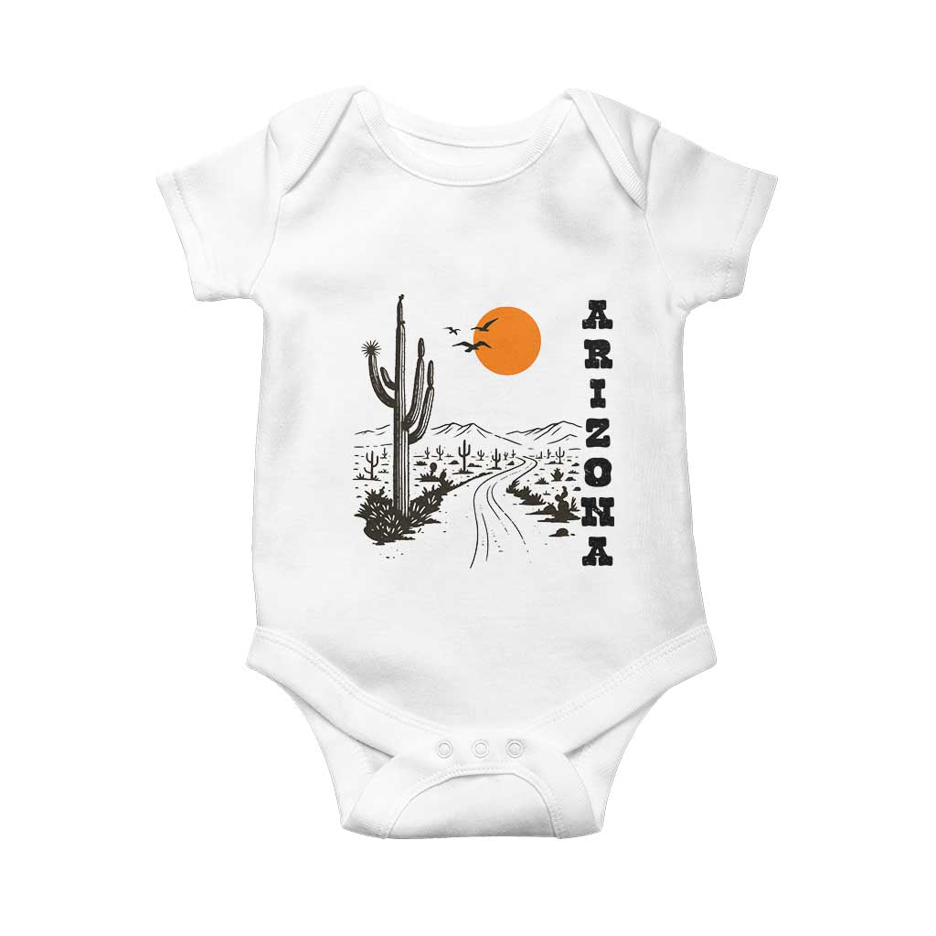 Retro Arizona Desert Road Sunset Graphic Baby Onesie Vintage Southwest Saguaro Cactus Travel Souvenir TS02 White Print Your Wear