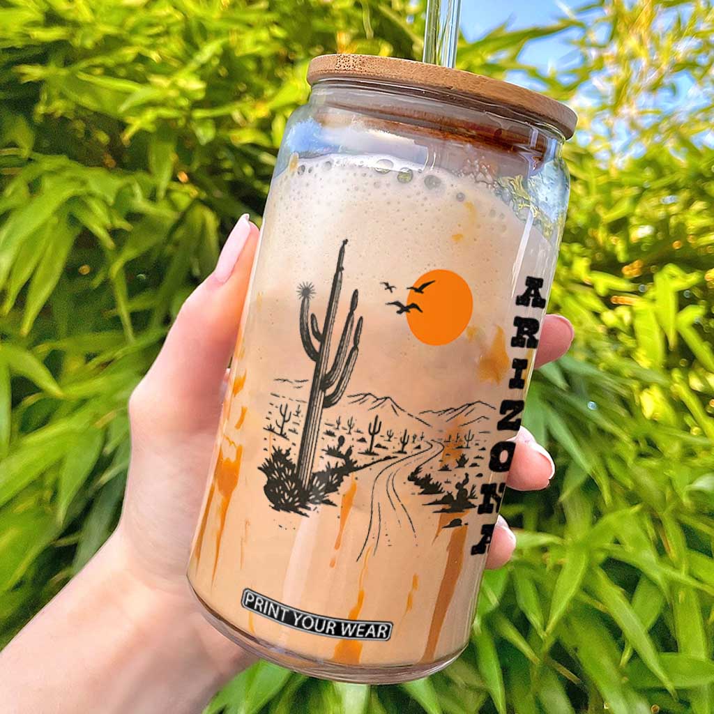 Retro Arizona Desert Road Sunset Graphic Glass Can Vintage Southwest Saguaro Cactus Travel Souvenir TS02 White Print Your Wear