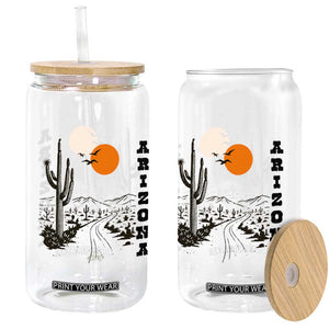 Retro Arizona Desert Road Sunset Graphic Glass Can Vintage Southwest Saguaro Cactus Travel Souvenir