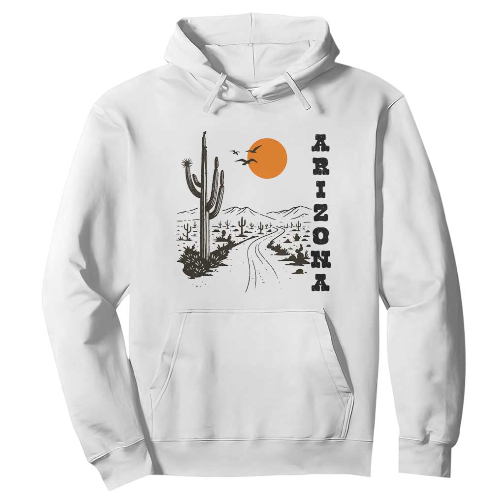 Retro Arizona Desert Road Sunset Graphic Hoodie Vintage Southwest Saguaro Cactus Travel Souvenir TS02 White Print Your Wear