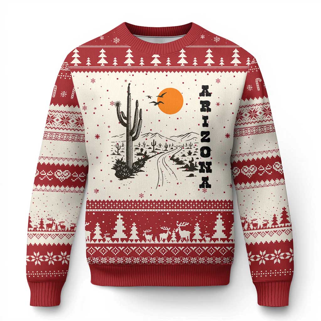 Retro Arizona Desert Road Sunset Graphic Ugly Christmas Sweater Vintage Southwest Saguaro Cactus Travel Souvenir TS02 Beige Red Print Your Wear