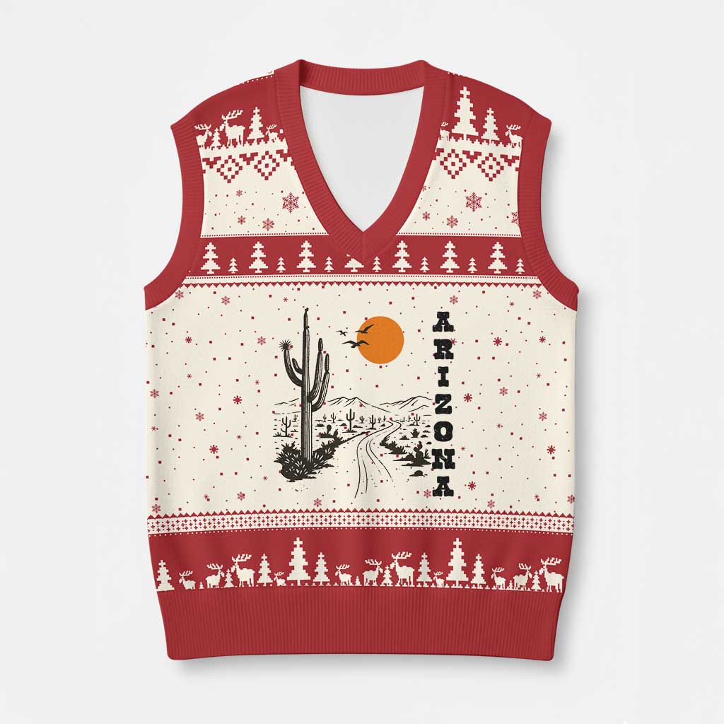 Retro Arizona Desert Road Sunset Graphic V-Neck Knit Sweater Vest Vintage Southwest Saguaro Cactus Travel Souvenir TS02 Beige Red Print Your Wear