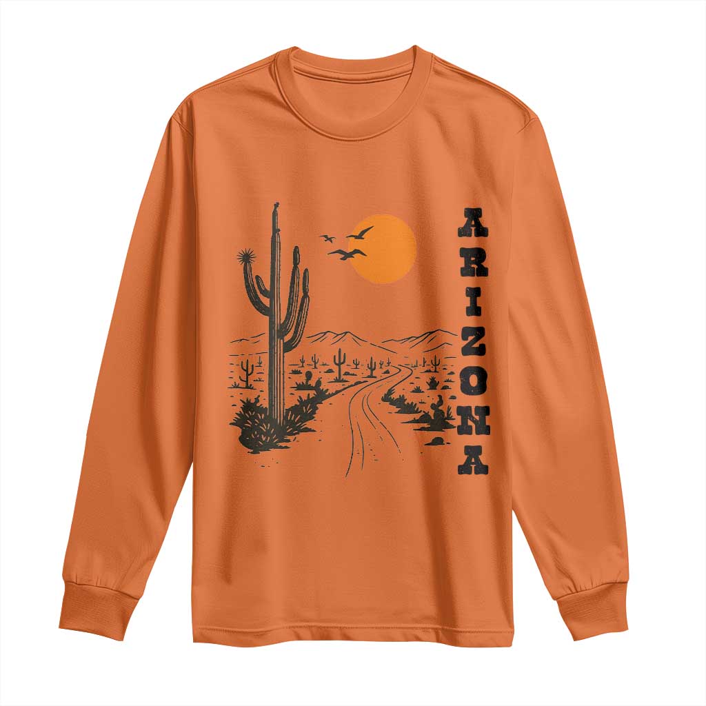 Retro Arizona Desert Road Sunset Graphic Long Sleeve Shirt Vintage Southwest Saguaro Cactus Travel Souvenir