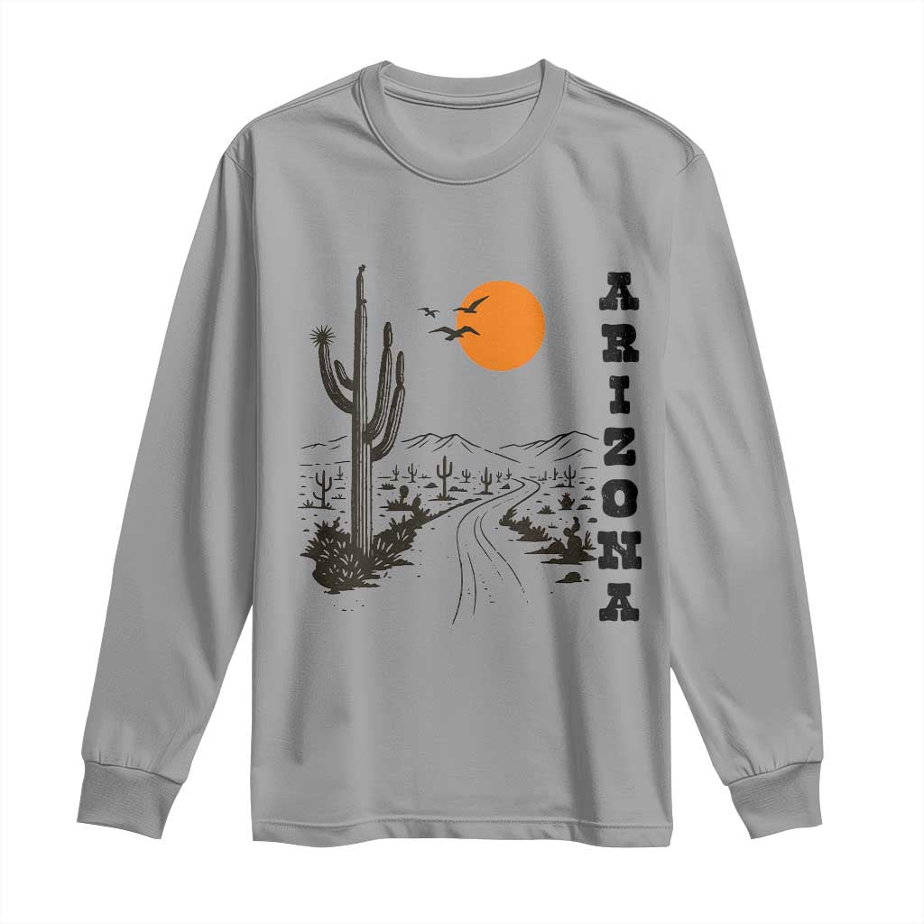 Retro Arizona Desert Road Sunset Graphic Long Sleeve Shirt Vintage Southwest Saguaro Cactus Travel Souvenir