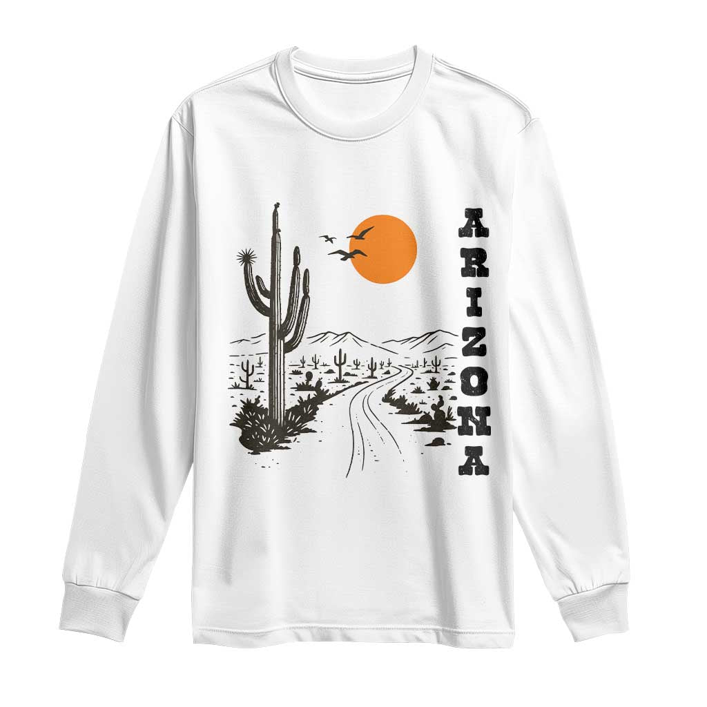 Retro Arizona Desert Road Sunset Graphic Long Sleeve Shirt Vintage Southwest Saguaro Cactus Travel Souvenir TS02 White Print Your Wear