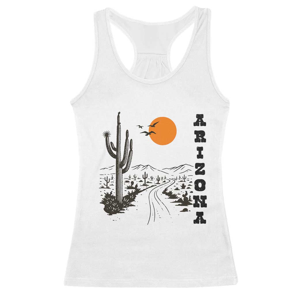 Retro Arizona Desert Road Sunset Graphic Racerback Tank Top Vintage Southwest Saguaro Cactus Travel Souvenir TS02 White Print Your Wear