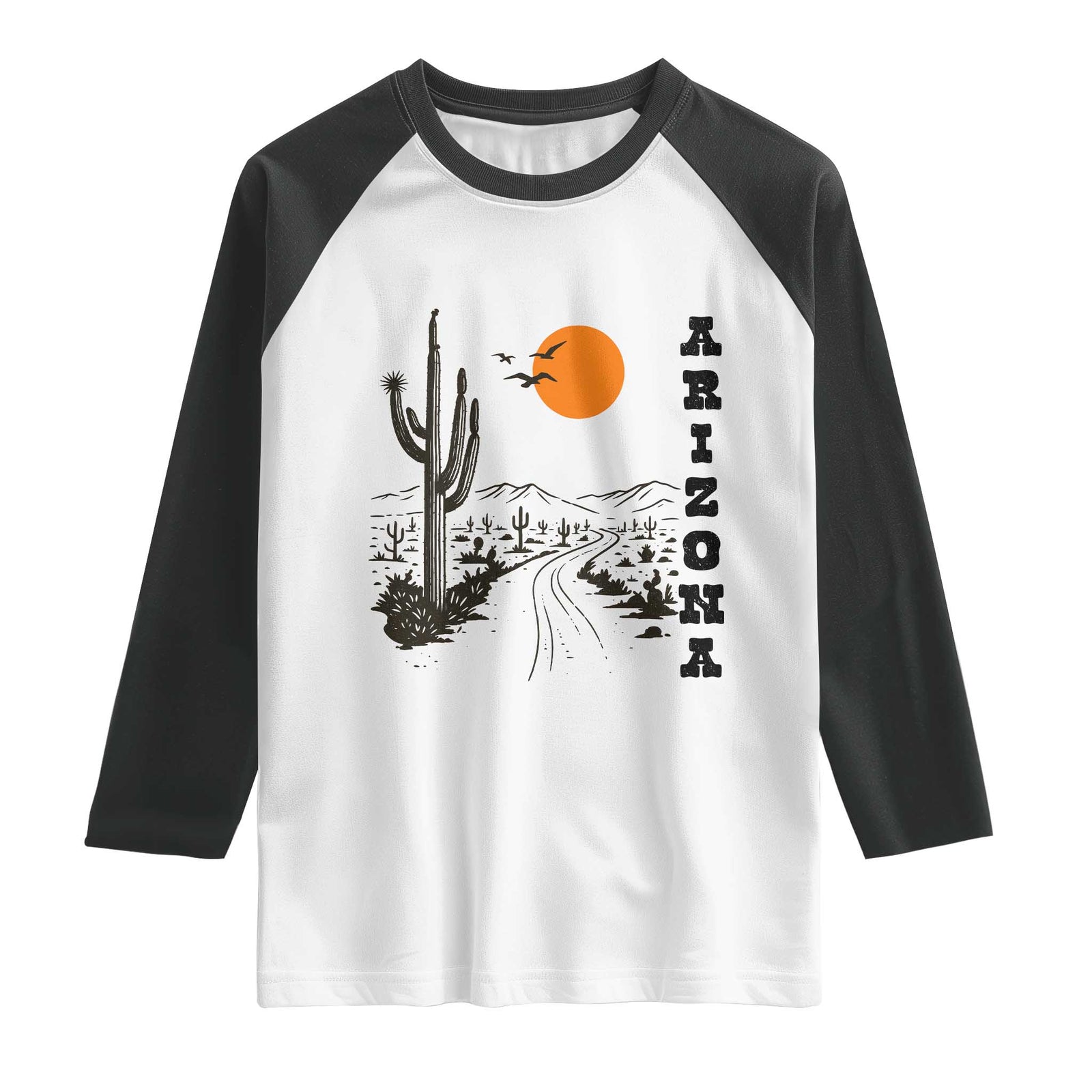 Retro Arizona Desert Road Sunset Graphic Raglan Shirt Vintage Southwest Saguaro Cactus Travel Souvenir TS02 White Black Print Your Wear