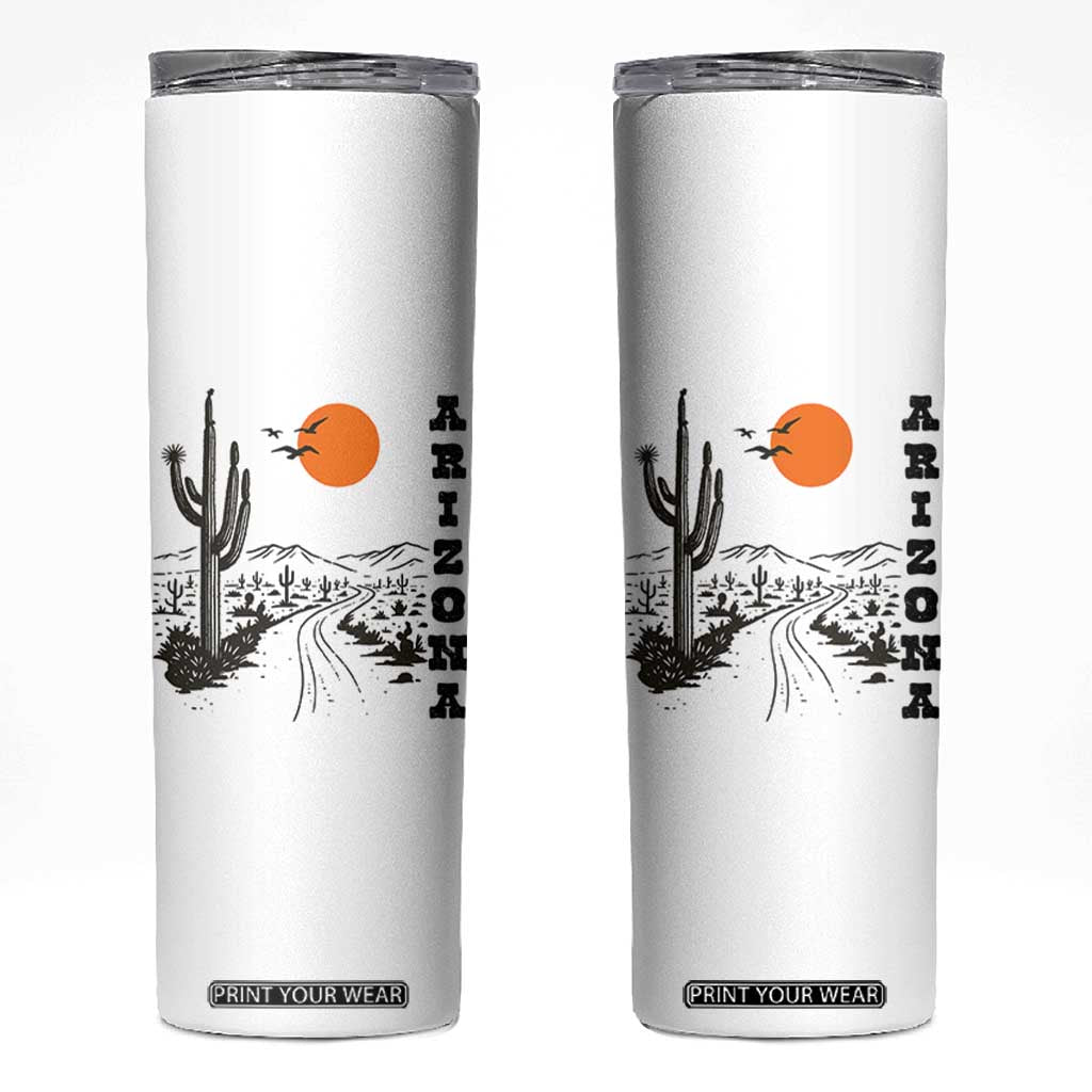 Retro Arizona Desert Road Sunset Graphic Skinny Tumbler Vintage Southwest Saguaro Cactus Travel Souvenir TS02 White Print Your Wear