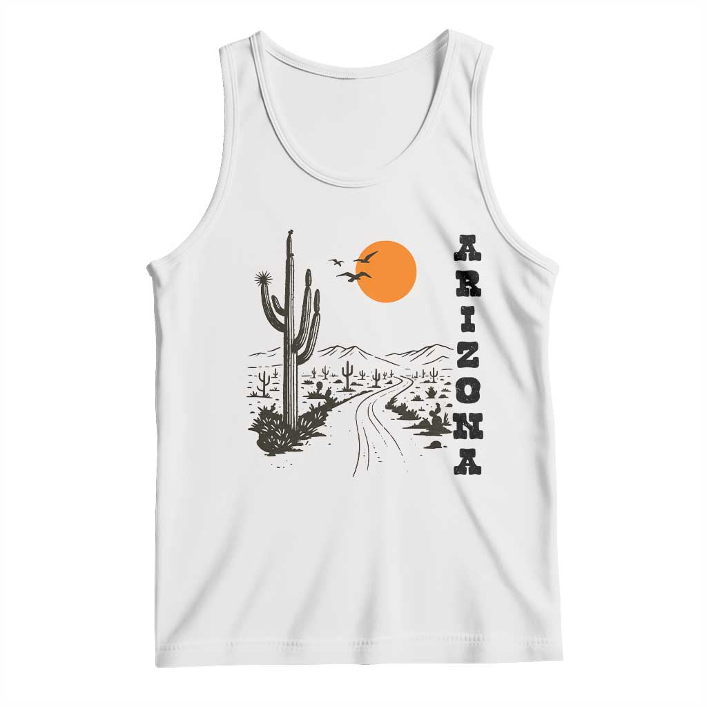 Retro Arizona Desert Road Sunset Graphic Tank Top Vintage Southwest Saguaro Cactus Travel Souvenir TS02 White Print Your Wear
