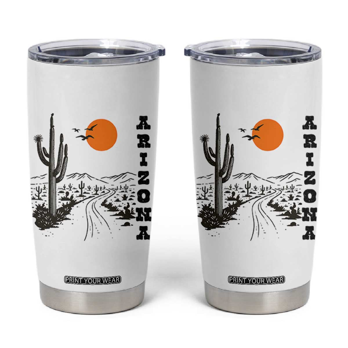 Retro Arizona Desert Road Sunset Graphic Tumbler Cup Vintage Southwest Saguaro Cactus Travel Souvenir