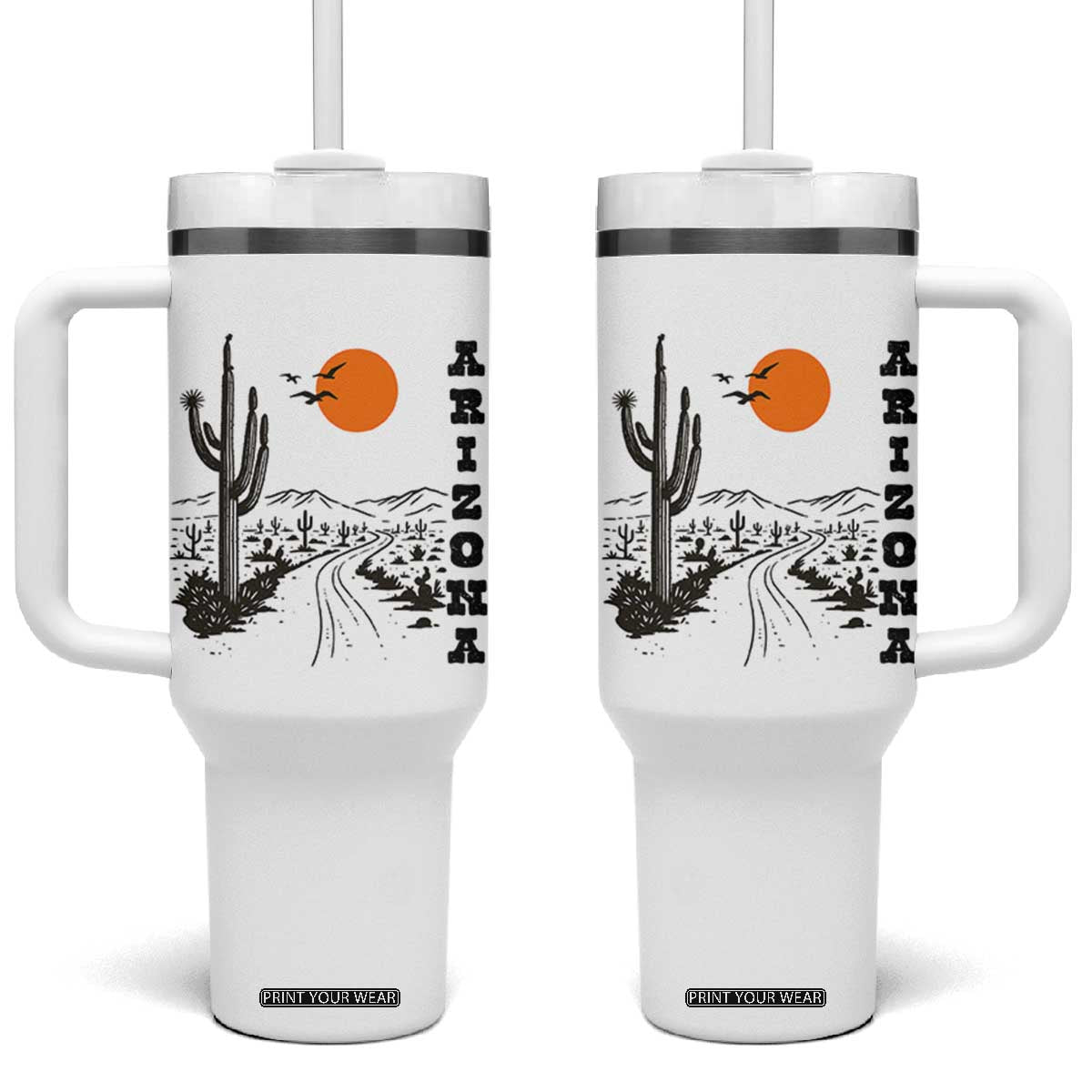 Retro Arizona Desert Road Sunset Graphic Tumbler With Handle Vintage Southwest Saguaro Cactus Travel Souvenir