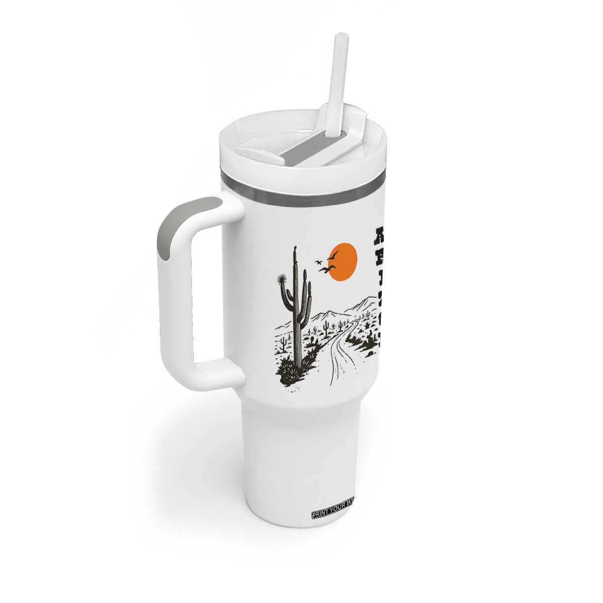 Retro Arizona Desert Road Sunset Graphic Tumbler With Handle Vintage Southwest Saguaro Cactus Travel Souvenir