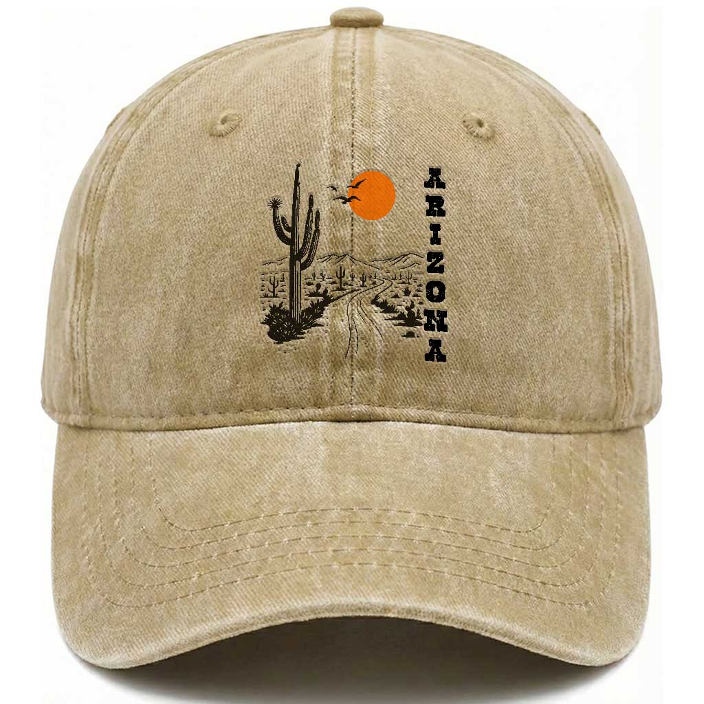 Retro Arizona Desert Road Sunset Graphic Washed Cotton Baseball Cap Vintage Southwest Saguaro Cactus Travel Souvenir TS02 Print Your Wear