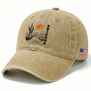 Retro Arizona Desert Road Sunset Graphic Washed Cotton Baseball Cap Vintage Southwest Saguaro Cactus Travel Souvenir
