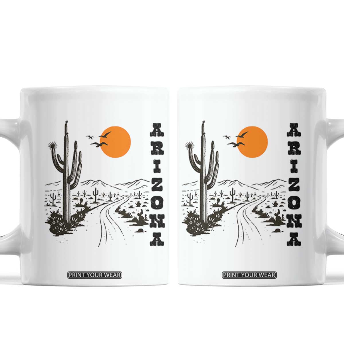 Retro Arizona Desert Road Sunset Graphic Coffee Mug Vintage Southwest Saguaro Cactus Travel Souvenir TS02 White Print Your Wear