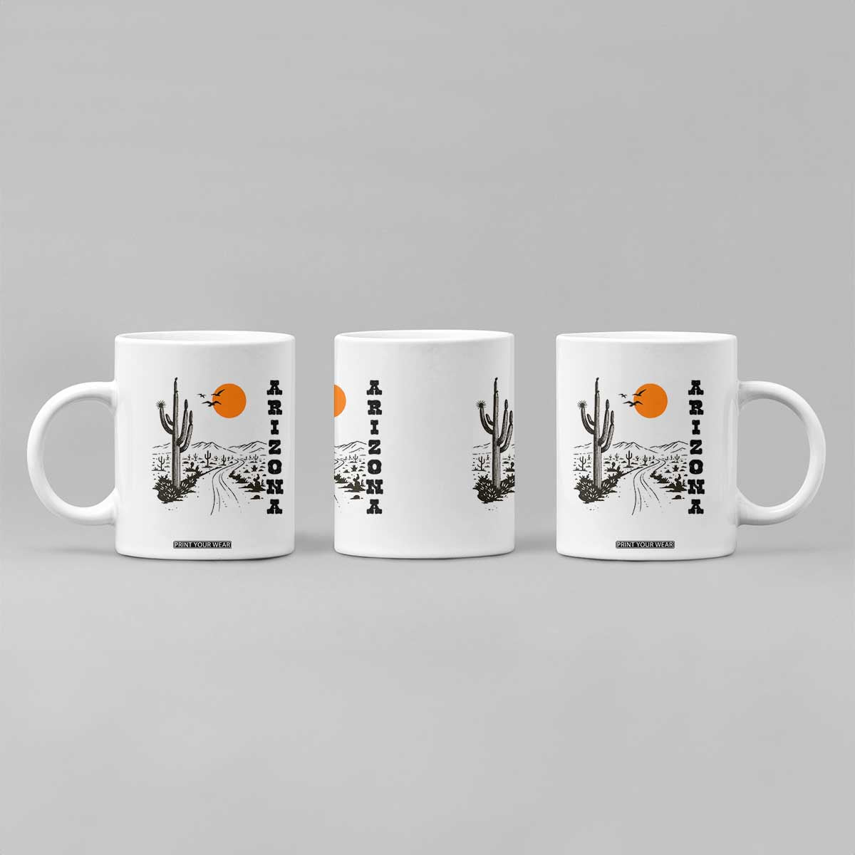 Retro Arizona Desert Road Sunset Graphic Coffee Mug Vintage Southwest Saguaro Cactus Travel Souvenir