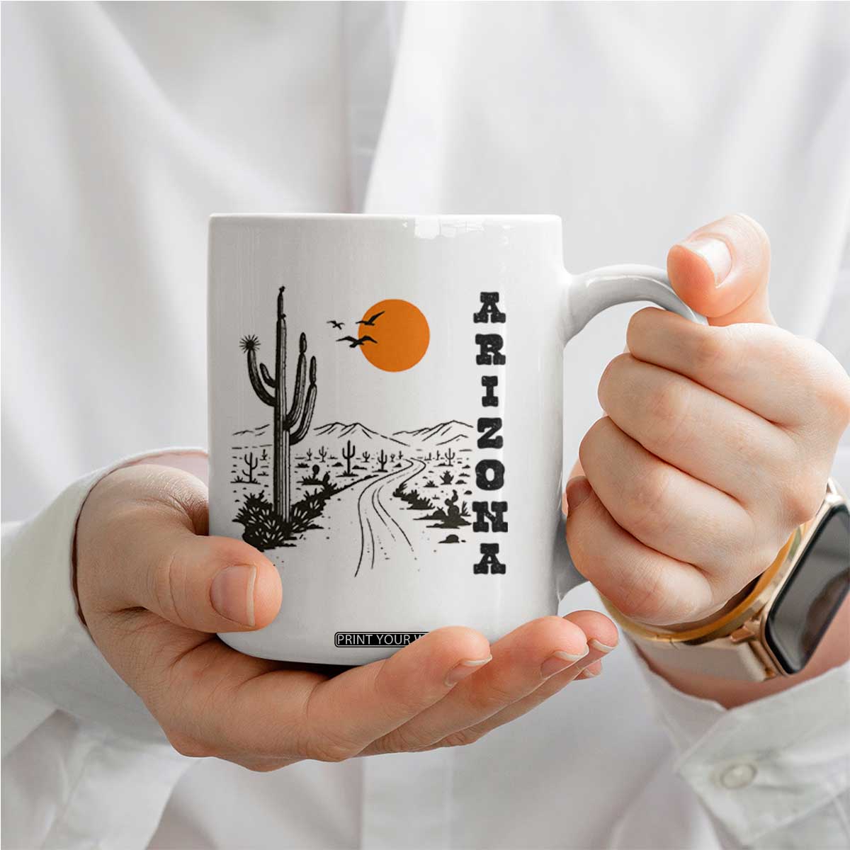 Retro Arizona Desert Road Sunset Graphic Coffee Mug Vintage Southwest Saguaro Cactus Travel Souvenir